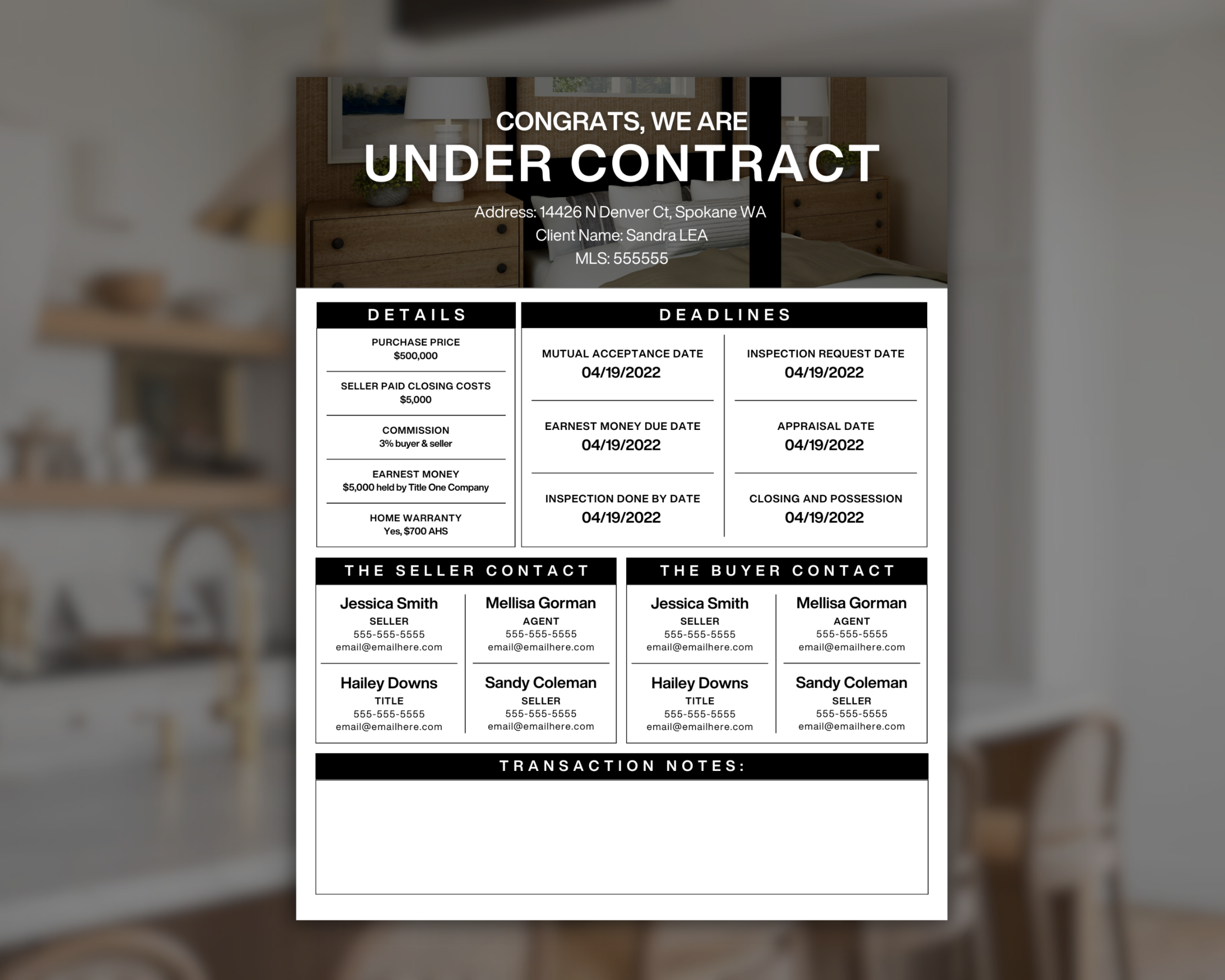 Real Estate Transaction Summary Flyer, Under Contract Timeline, Realtor Marketing, Transaction Coordinator Summary, Real Estate Template