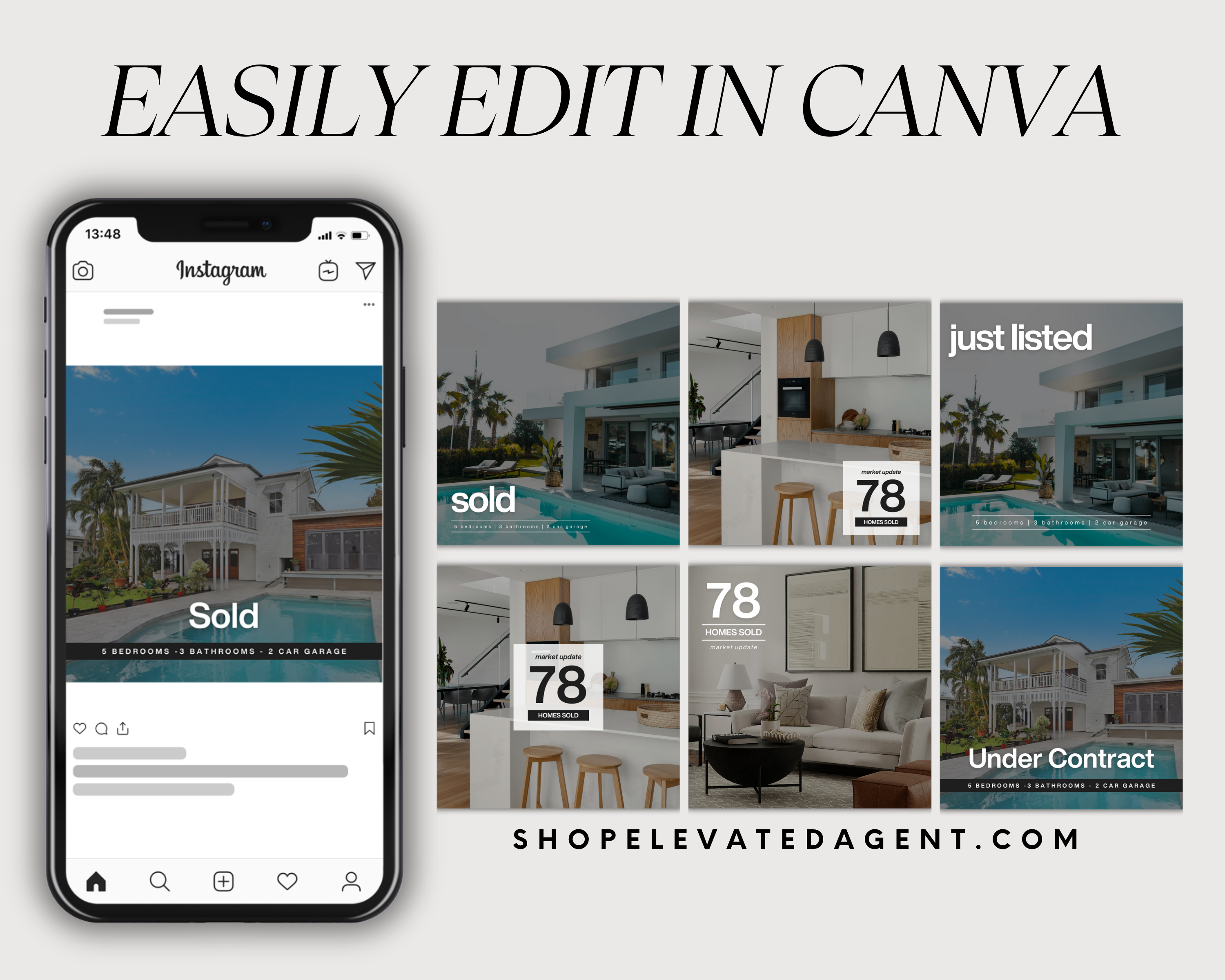 Real Estate Social Media Posts, Just Sold Posts, Under Contract Posts, Just Listed Posts, Open House Posts, Real Estate Marketing, Canva