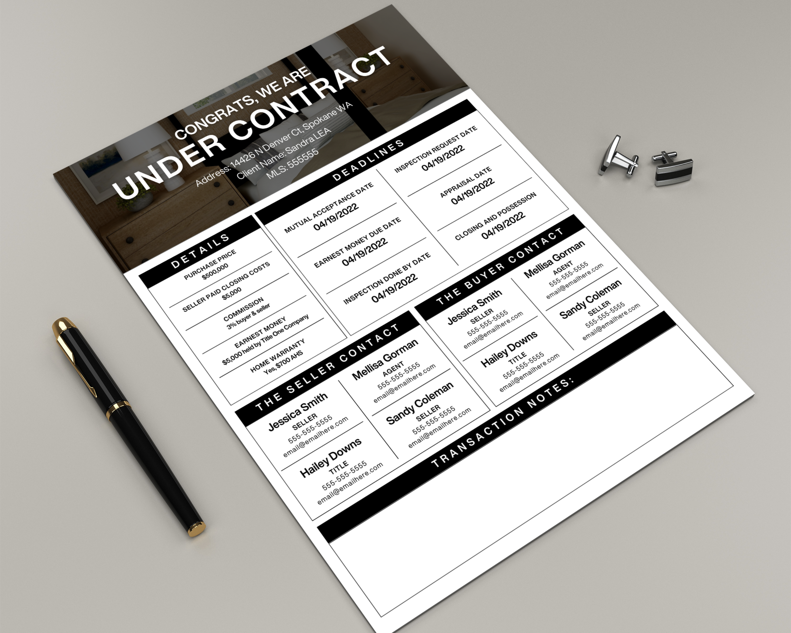 Real Estate Transaction Summary Flyer, Under Contract Timeline, Realtor Marketing, Transaction Coordinator Summary, Real Estate Template