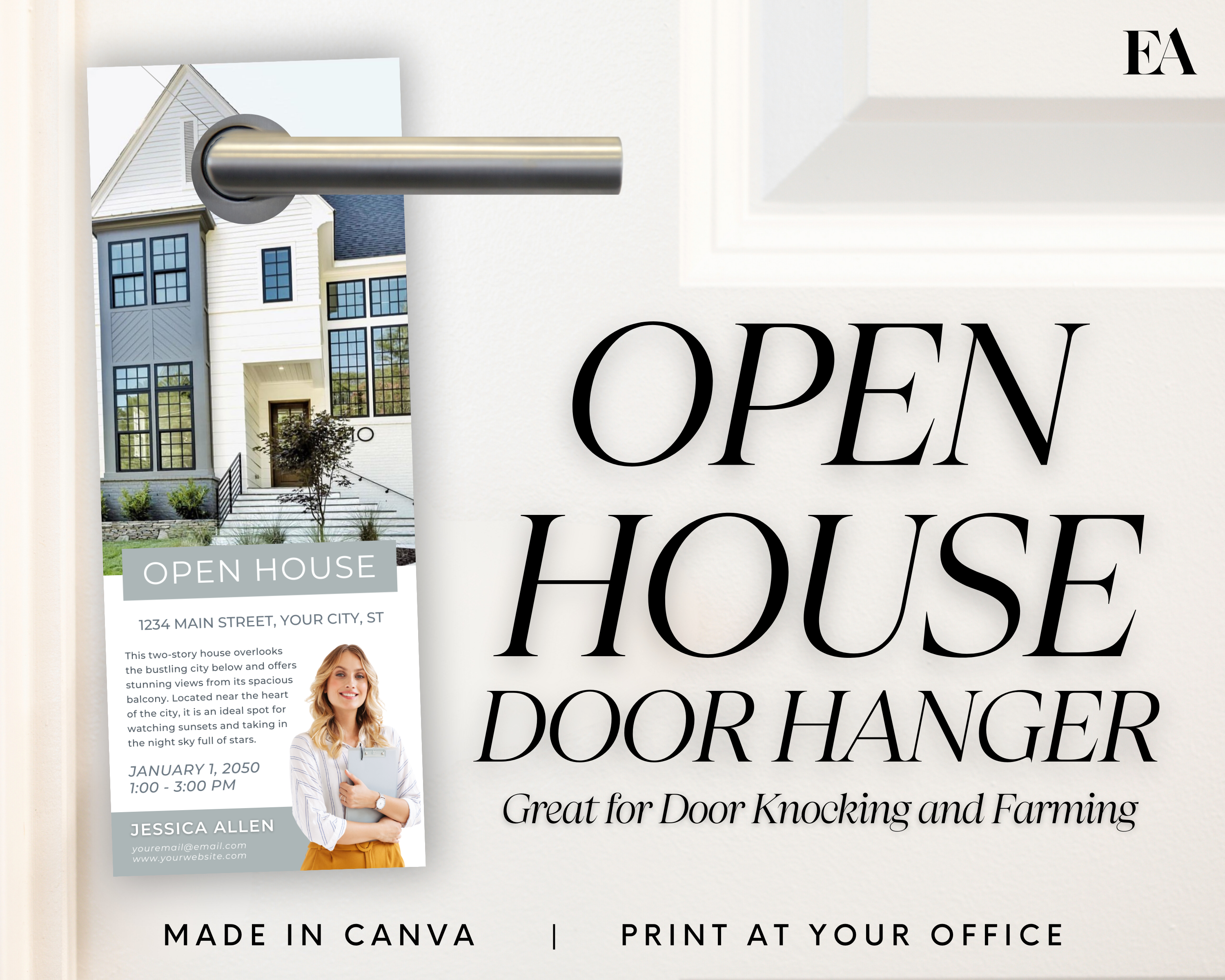 open house door tag,printable door flyer,canva template,door hanger template,door knocking,hello postcard,neighborhood farming,open house invite,property flyer,real estate farming,real estate lead,real estate template,realtor door sign