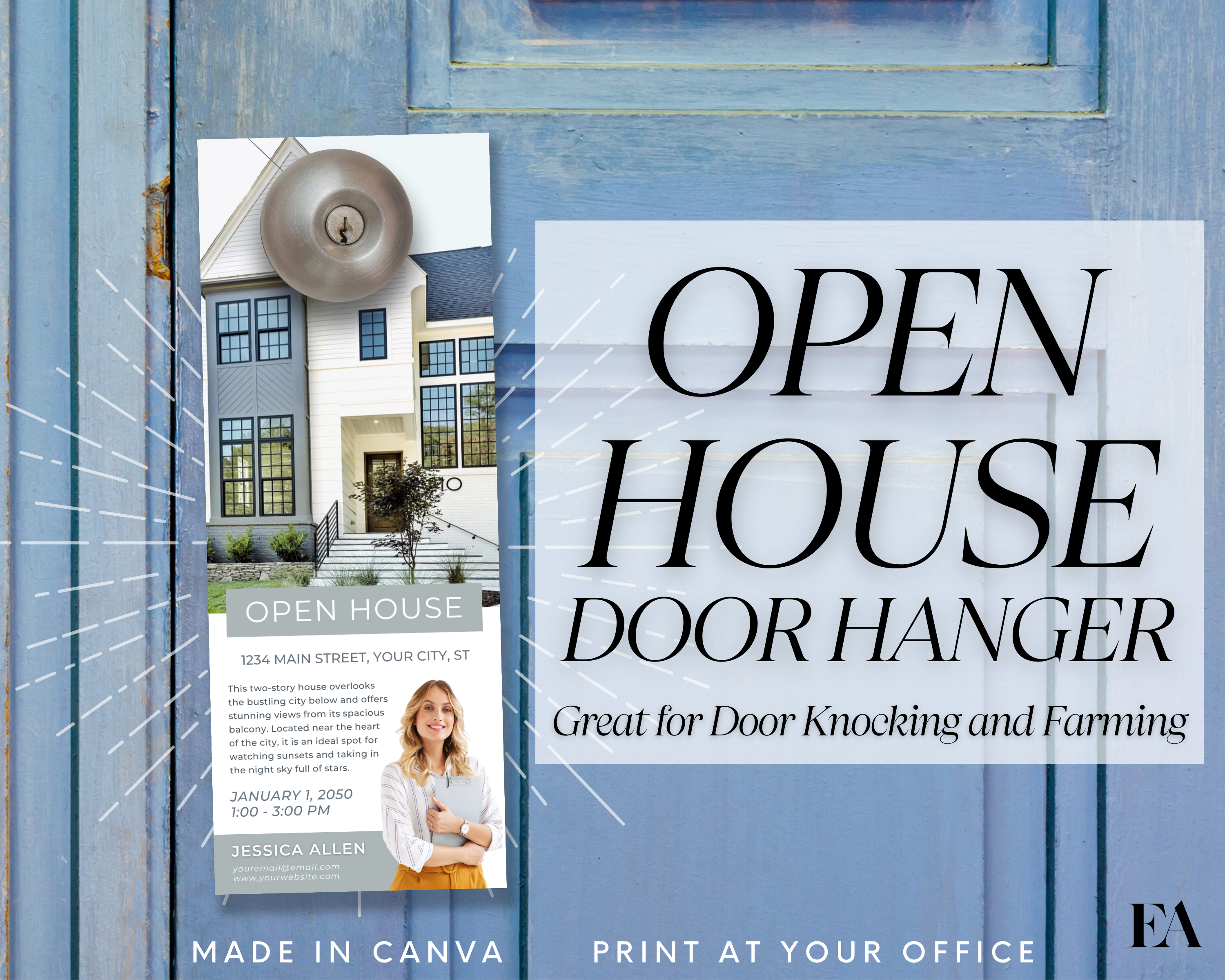 open house door tag,printable door flyer,canva template,door hanger template,door knocking,hello postcard,neighborhood farming,open house invite,property flyer,real estate farming,real estate lead,real estate template,realtor door sign