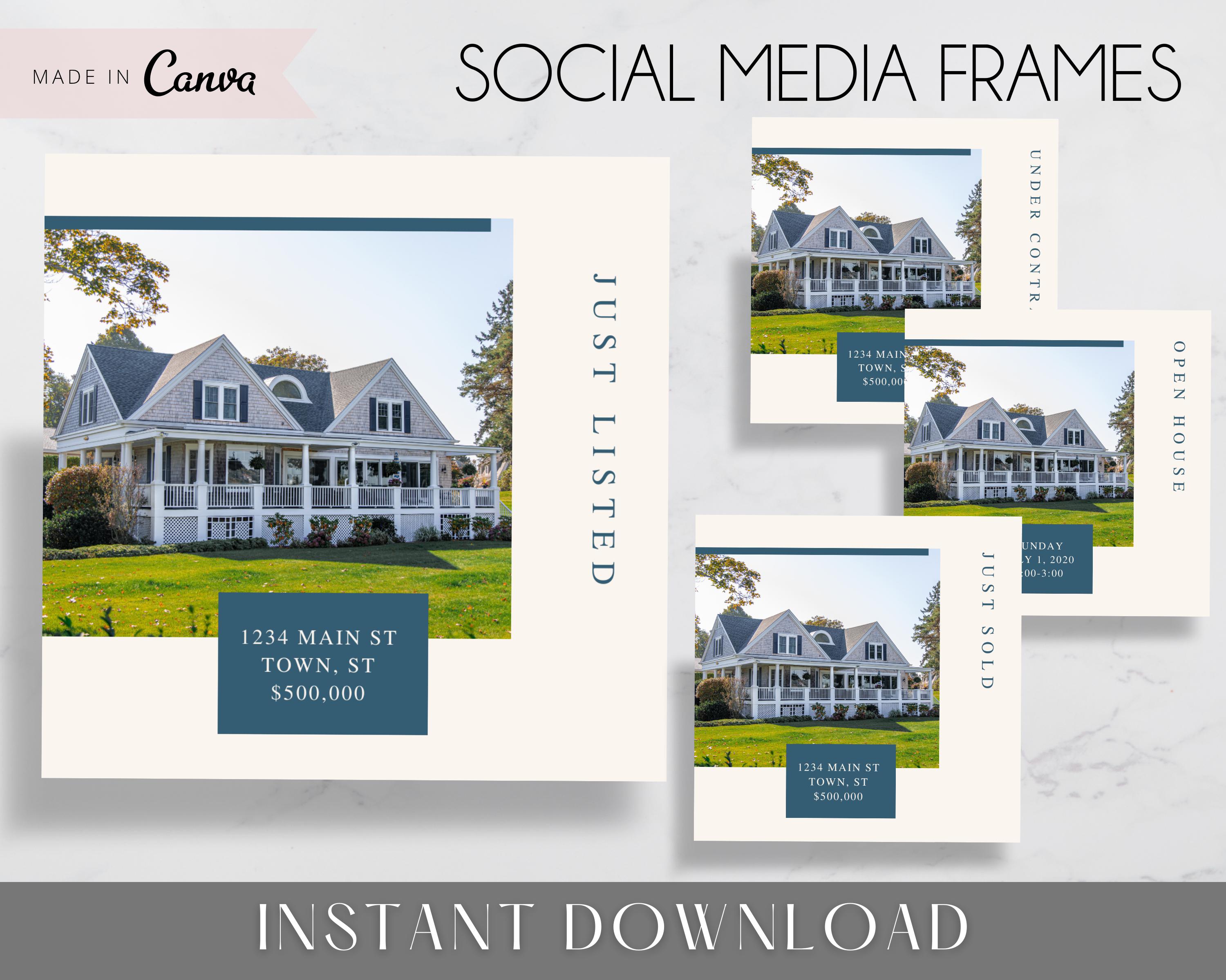 Real Estate Facebook and Instagram Frames - Just Listed , Sold, Open House, Under Contract Posts - Social Media Real Estate Marketing for Realtors, Agents - Instant Download